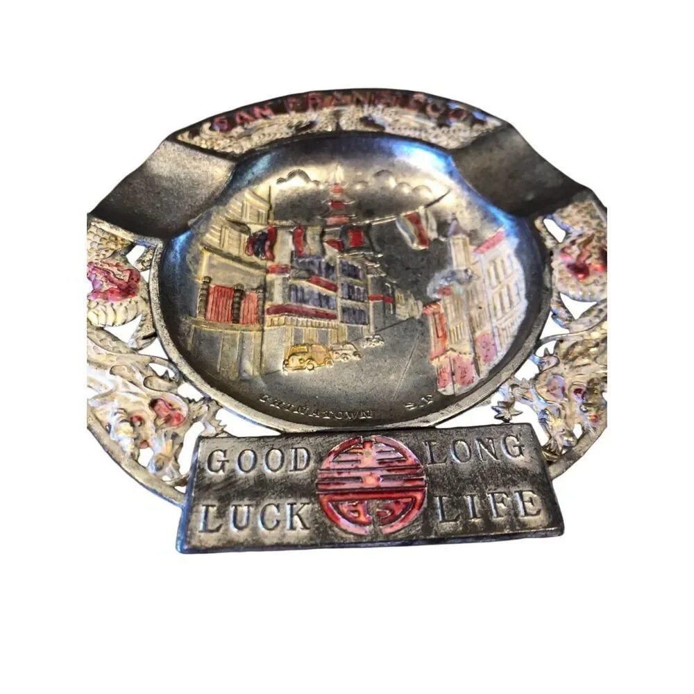 Vintage San Francisco Tin Plate Embossed Ashtray Catch All Americana Kitsch Deco
